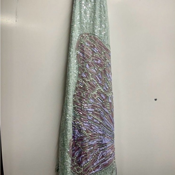 ASOS Design Blue Green Butterfly Pearl Sequin Beaded Halter Mini Dress Size 10 - Picture 5 of 9